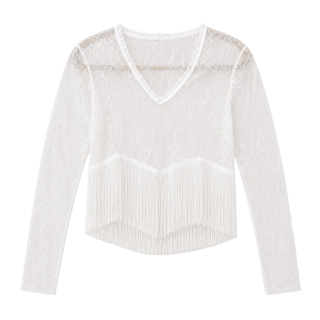 Cowgirl Boho Lace & Fringe Long Sleeve Top White Size M 1