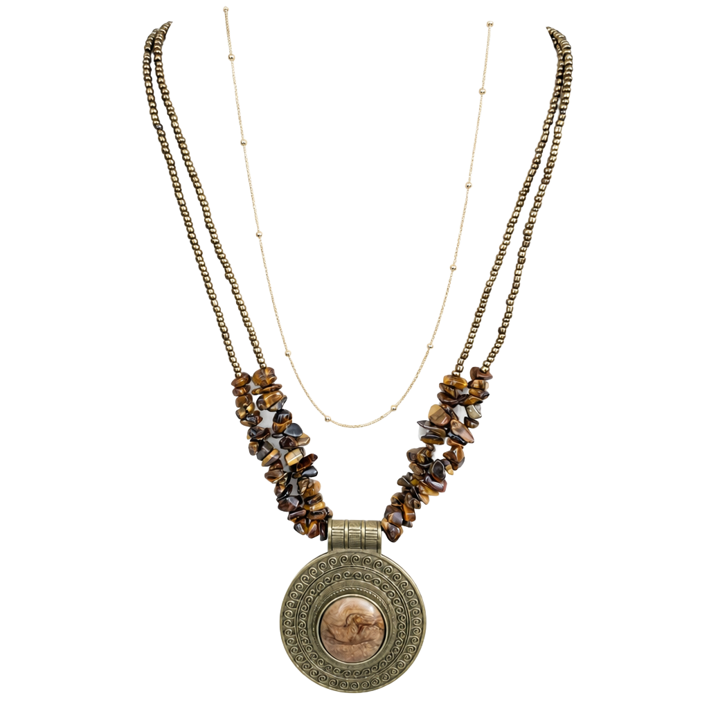 Boho Multi-Strand Tiger's Eye Chip & Bronze Medallion Statement Necklace 1