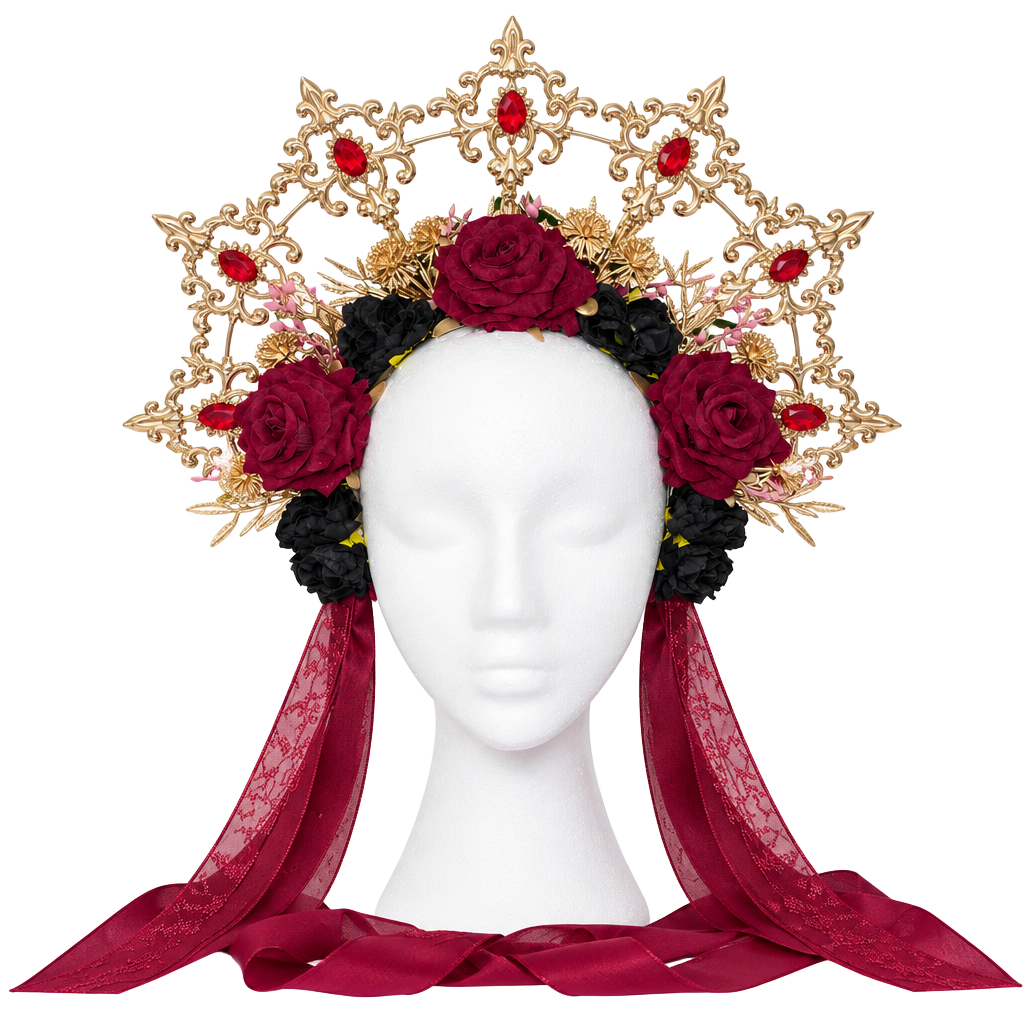 Handmade Gold Halo Crown Red Black Rose Floral Headdress Headpiece 1