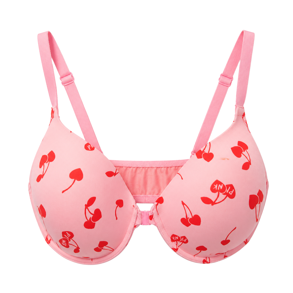 PINK Victoria's Secret Cherry Print Front-Close Lightly Lined Bra 1