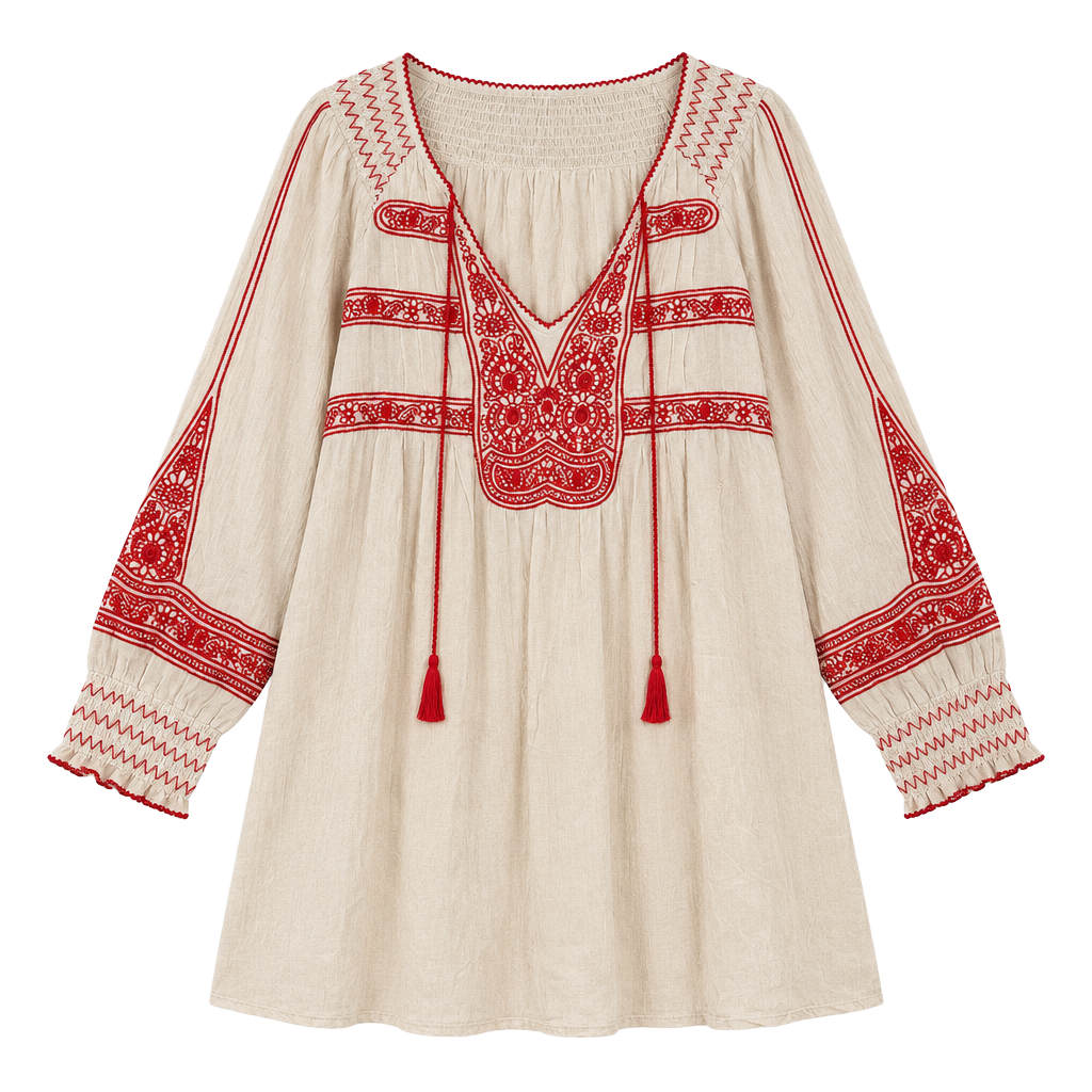 Free People Embroidered Tunic Size M Beige Red Boho Blouse 1