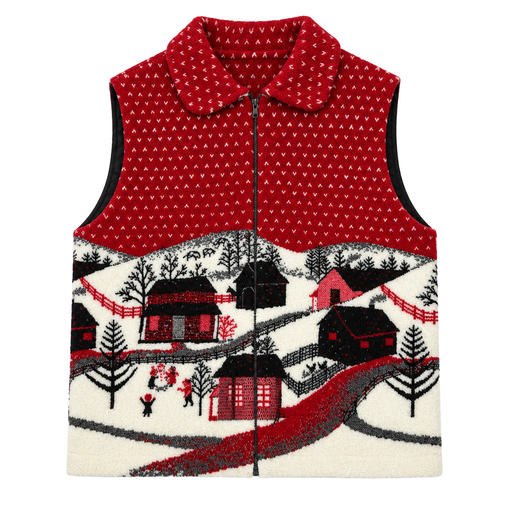 Denali Winter Scene Fleece Vest Size Large Red Christmas Holiday 1