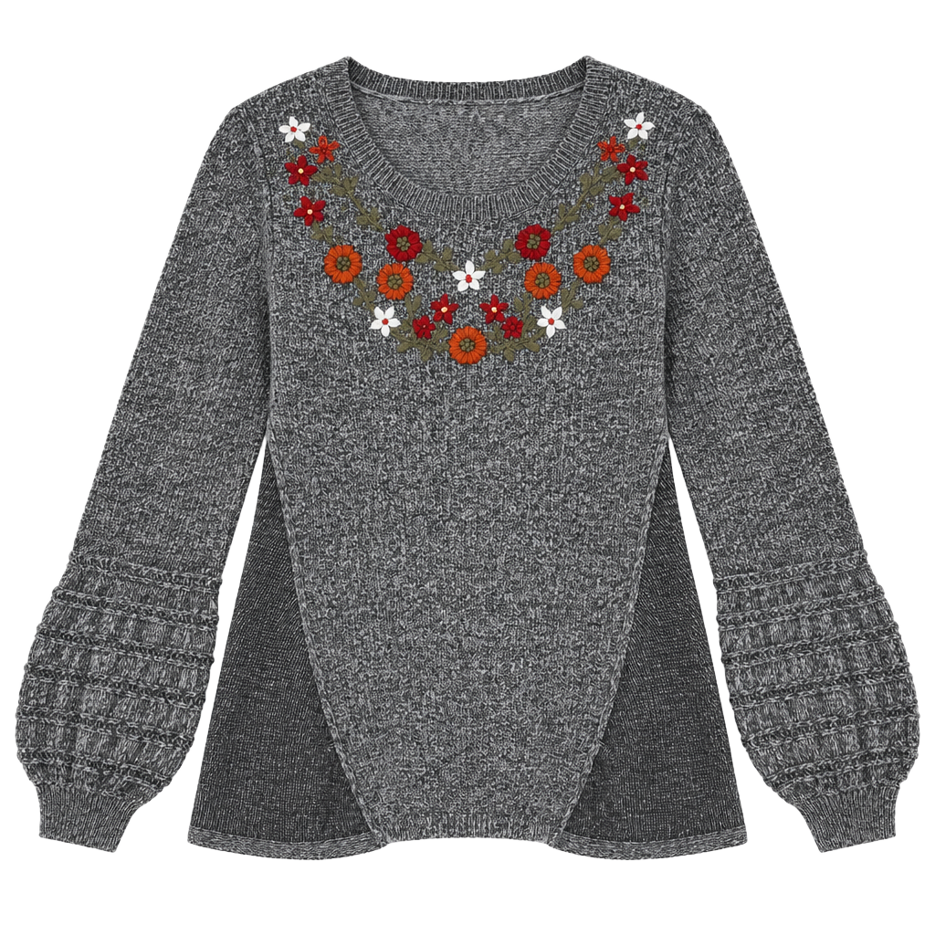 Knox Rose Floral Embroidered Sweater Size M Gray Acrylic Nylon 1