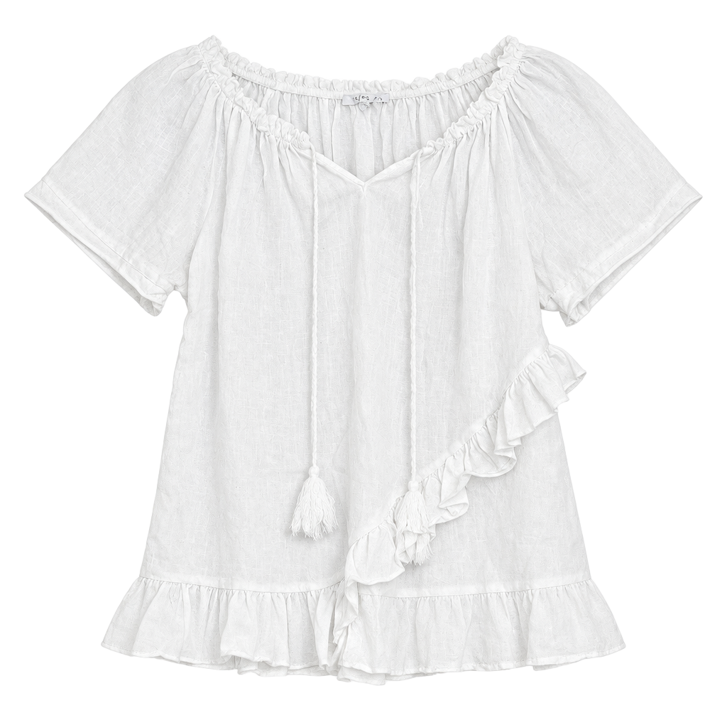 Tempo Paris Blouse Style 1372A Size S/M White 100% Linen Ruffle 1