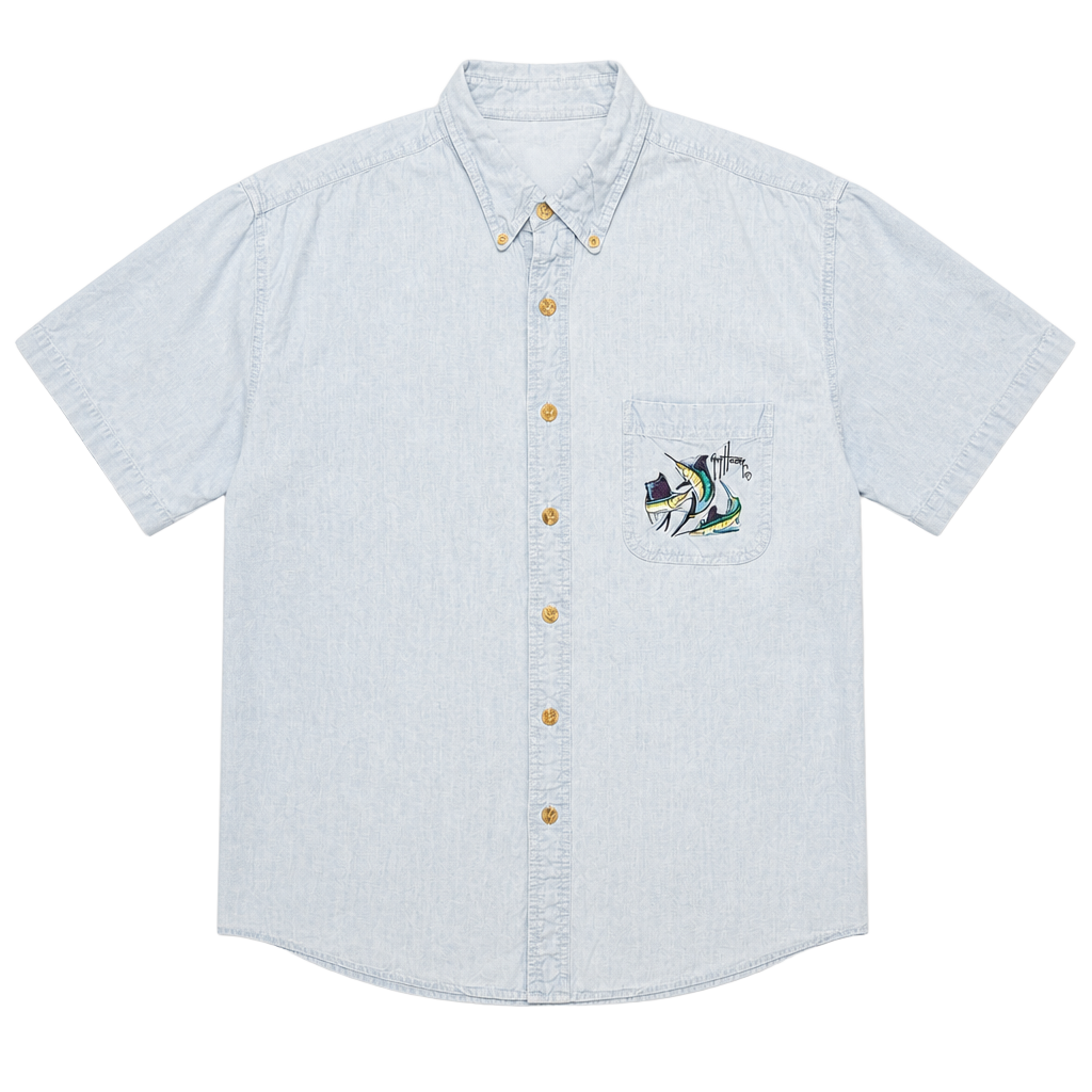 Guy Harvey by Bluewater Short Sleeve Chambray Button Up Shirt XL Marlin Embroidered 1