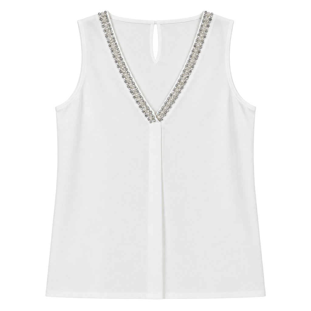 Adrienne Vittadini Beaded V-Neck Top Size M White Sleeveless Blouse 1