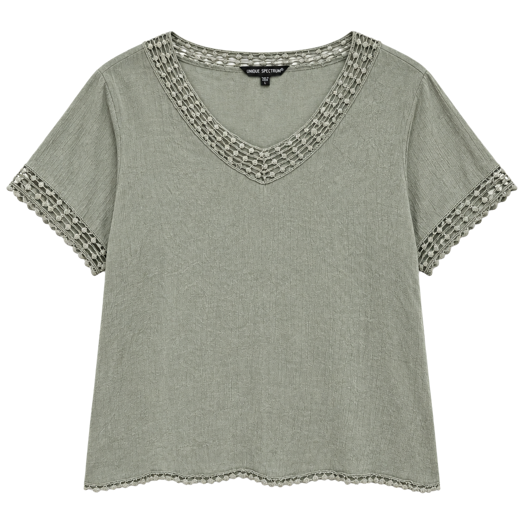 Unique Spectrum Silver Blouse Size S Crochet Lace Trim Top 1