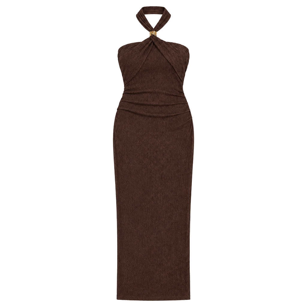 Milumia Chocolate Textured Beaded Detail Halterneck Maxi Dress Size Medium New 1