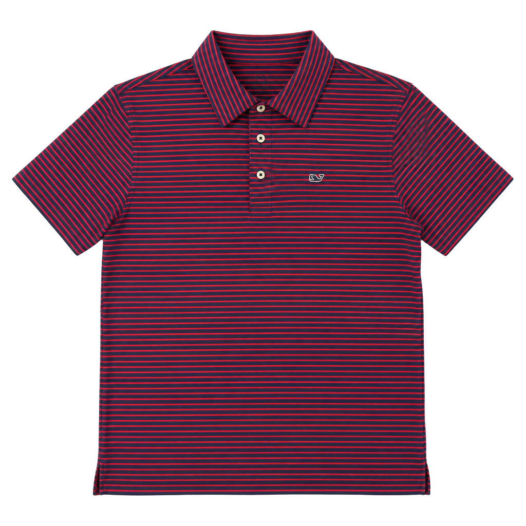 Vineyard Vines Boys M Bradley Stripe Sankaty Performance Polo Shirt in Crimson/Naut Navy 1