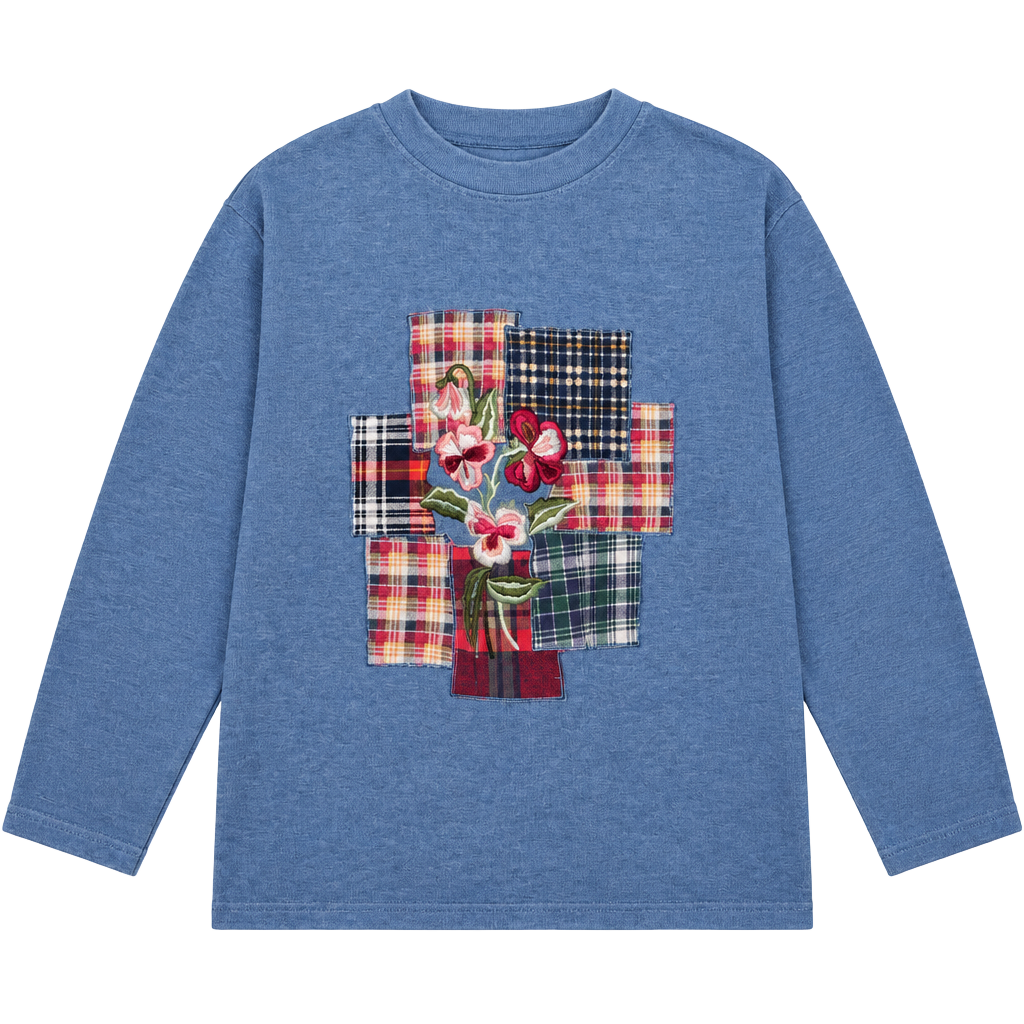 Vintage Embroidered Floral Patchwork Sweatshirt Blue 1