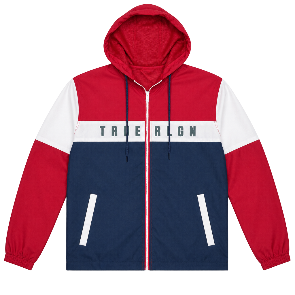 True Religion Color block Hooded Windbreaker Jacket Size L Red White Blue 1