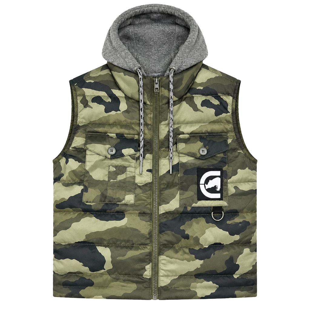Ecko Unlimited Camo Puffer Vest Hoodie Size M Green Camouflage Full Zip Hooded 1