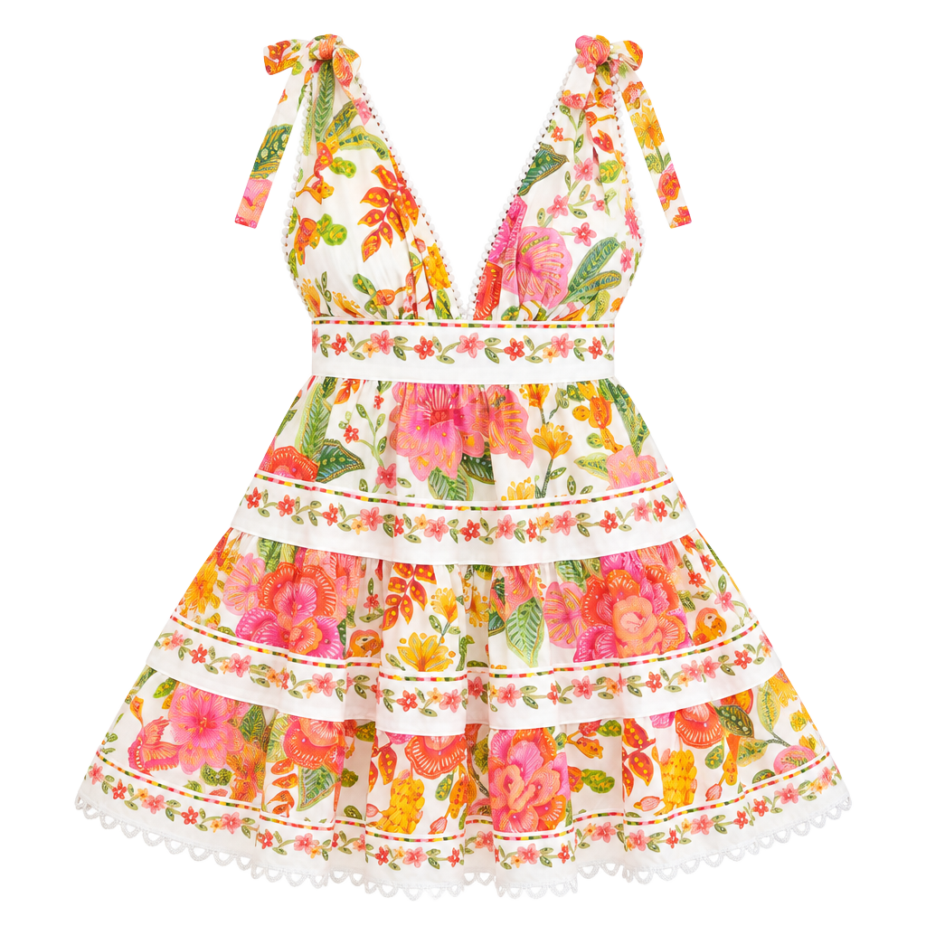 Farm Rio Bloom Tie Strap Mini Dress Size Large Tropical Floral 1