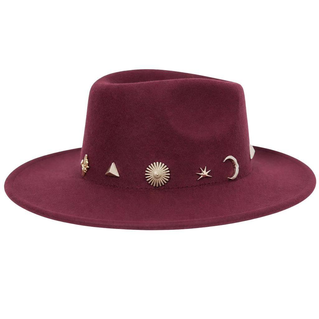 Anthropologie Burgundy Charm Trimmed Rancher Felt Hat Celestial and Geometric 1