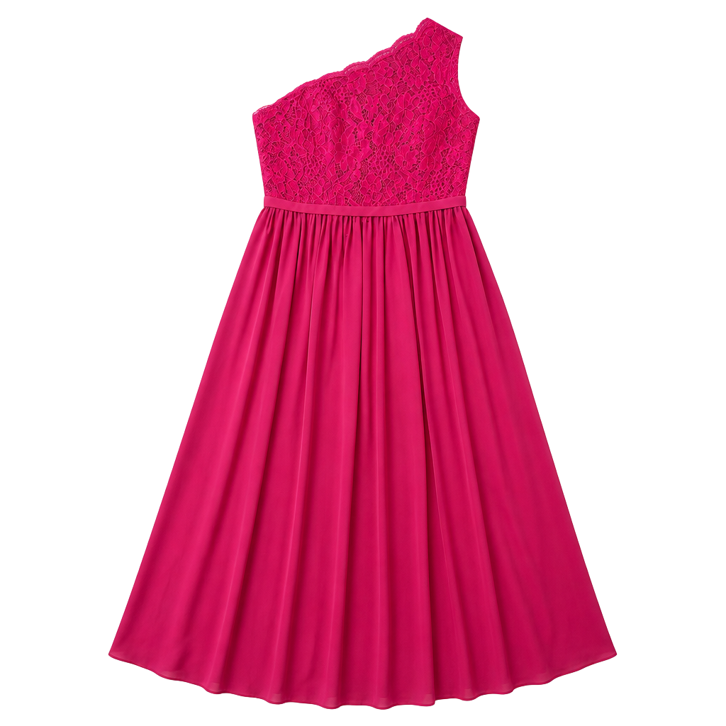 Azazie One Shoulder Maxi Dress Size 12 Hot Pink Lace Chiffon 1