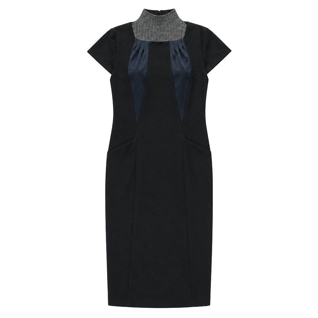 Loft Midi Dress Black Blue Cap Sleeve Pocket Sheath Size L 1