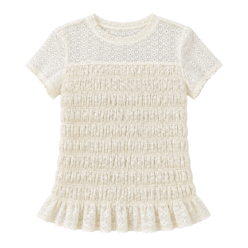 Bohme Lace Top Cream Short Sleeve Smocked Ruffle Cottagecore 1
