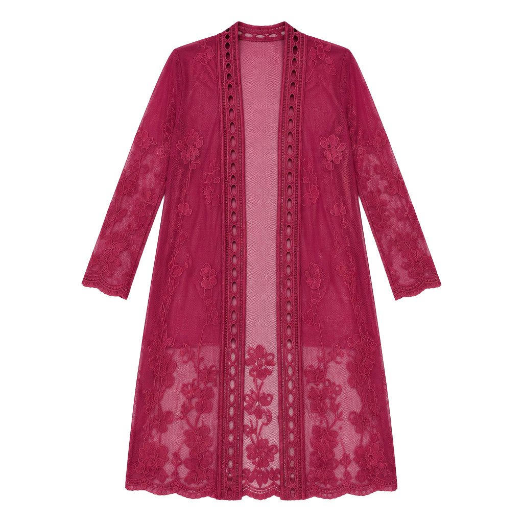 Belle Tweed Sheer Lace Kimono Duster Cardigan Burgundy Whimsygoth 1