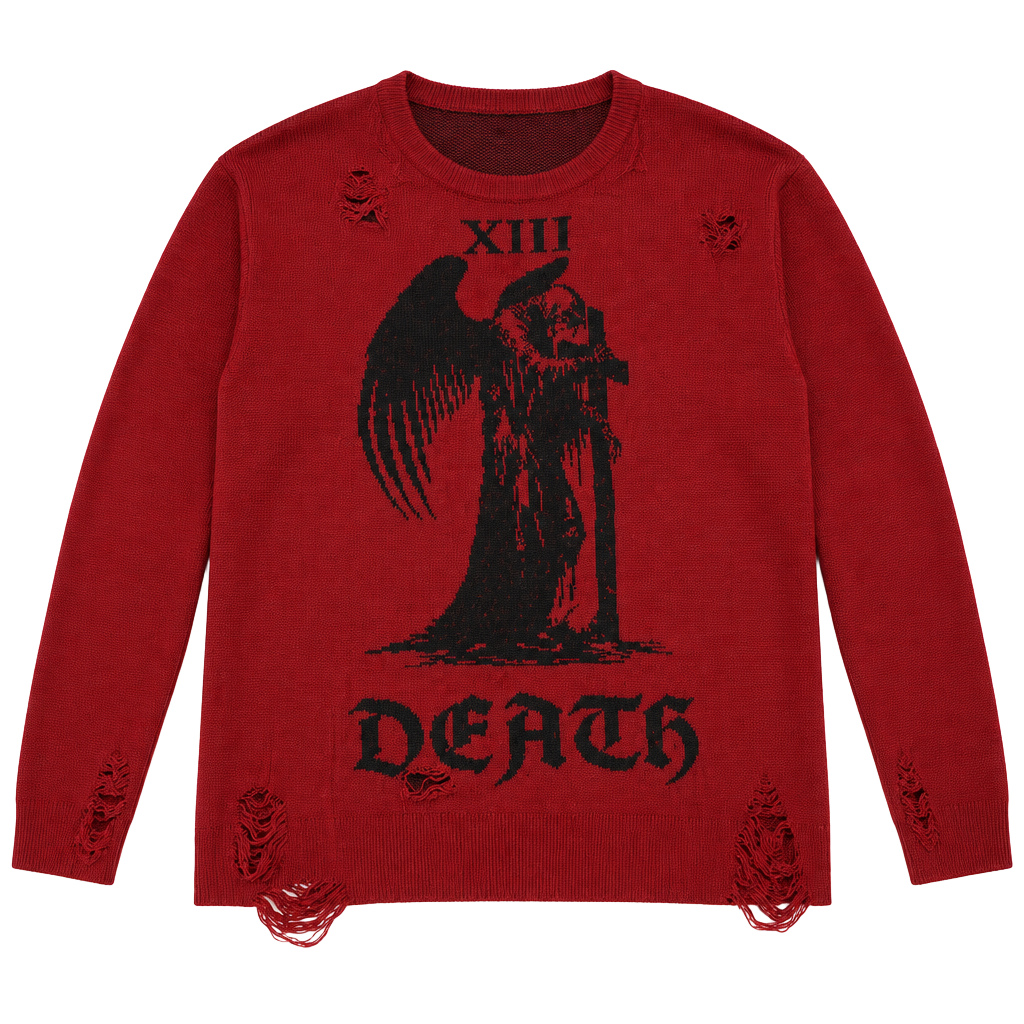 Cosmic Aura Death Grim Reaper Distressed Knit Sweater Size 2X Red 1