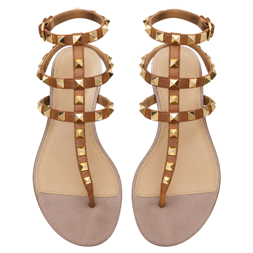 Valentino Rockstud Flat Thong Sandals Size 37 Brown Leather 1