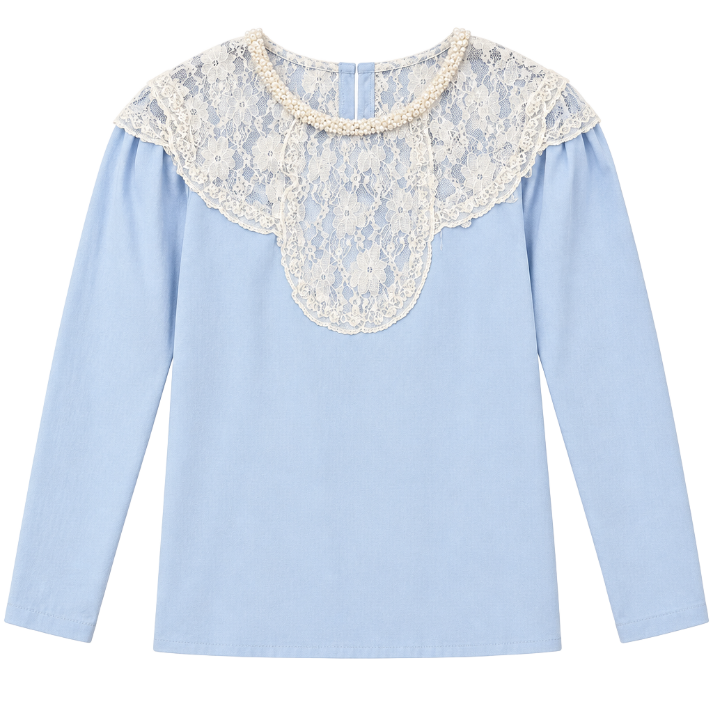 John Richmond Long Sleeve Blouse Blue Lace Pearl Collar 1