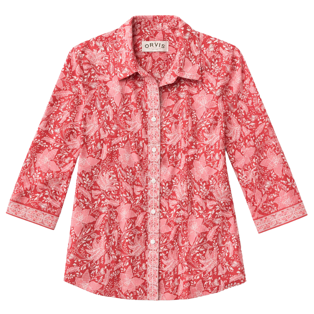 Women's Red Floral Button-Up Shirt Orvis SIZE M Cotton 1