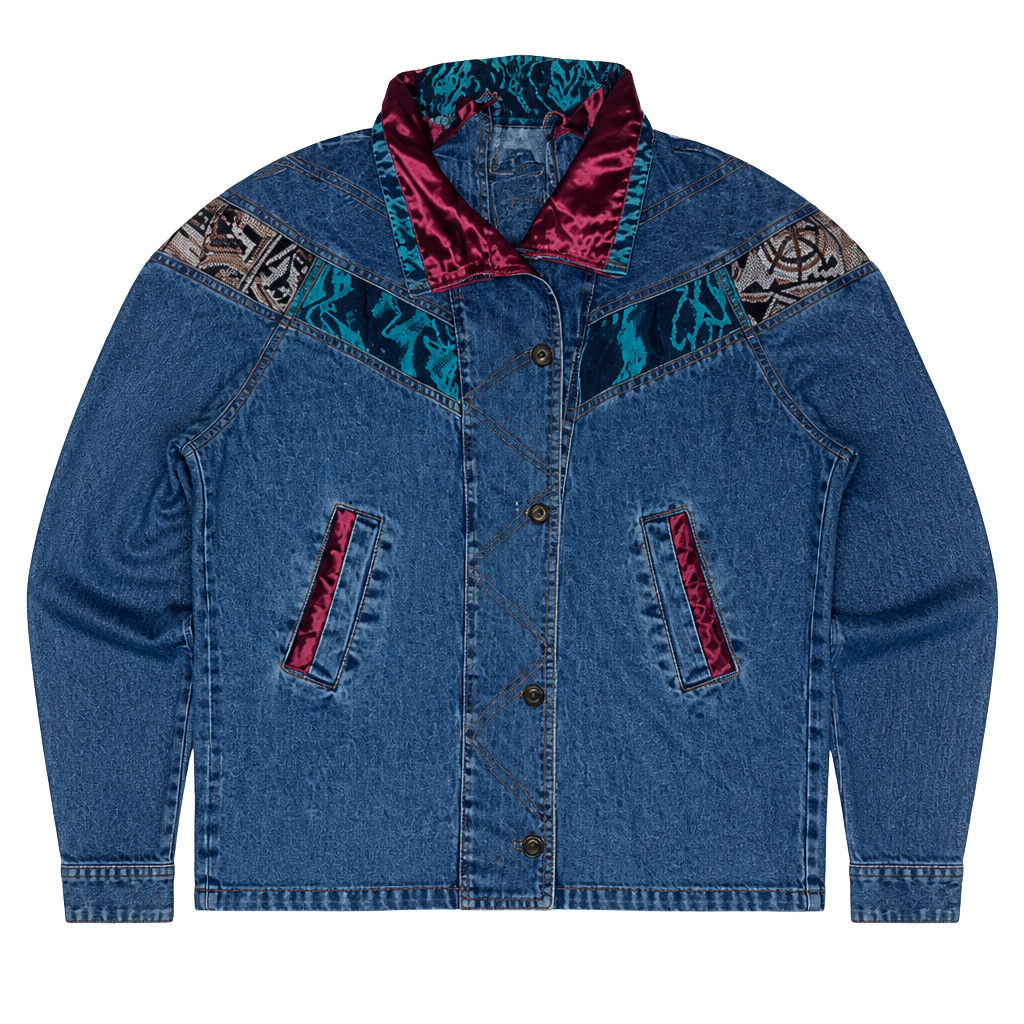 Vintage 80s/90s Acid Wash Denim Jacket with Velvet & Patchwork Accents 1