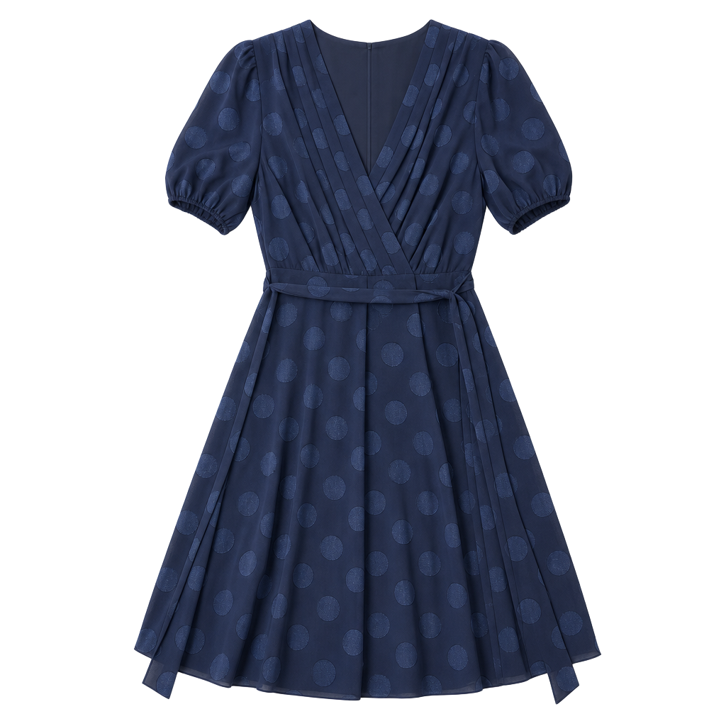 DKNY Women's Midnight Navy Blue Textured Polka Dot Faux-Wrap Short Sleeve Dress 1