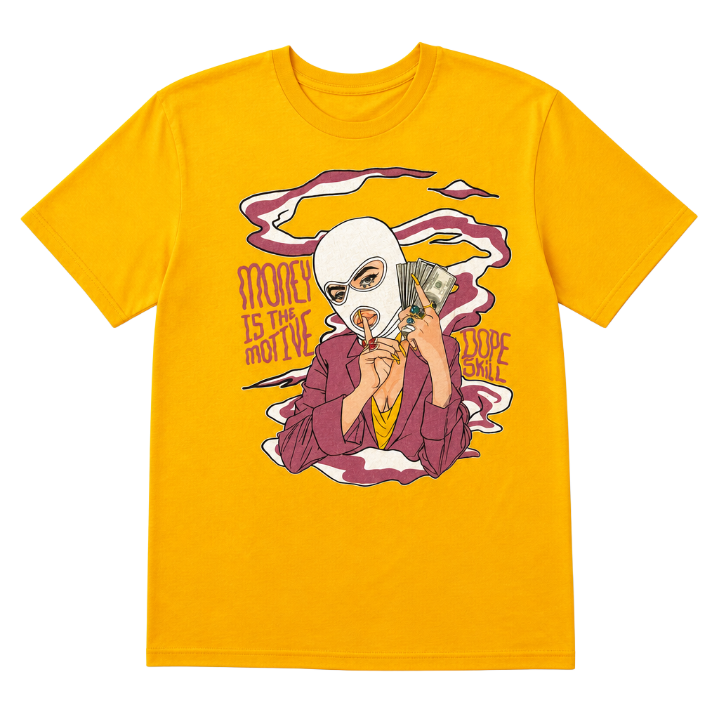 Dope Skill Money Is The Motive Masked Woman Graphic T-Shirt Yellow XL 1