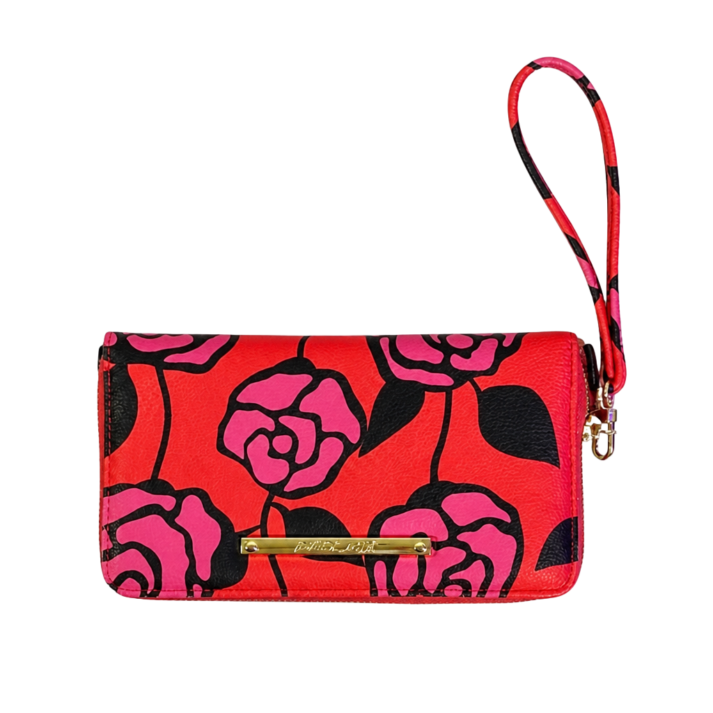 Betsey Johnson Red, Pink, and Black Floral Wristlet Wallet w/ strap zipper -Fair 1