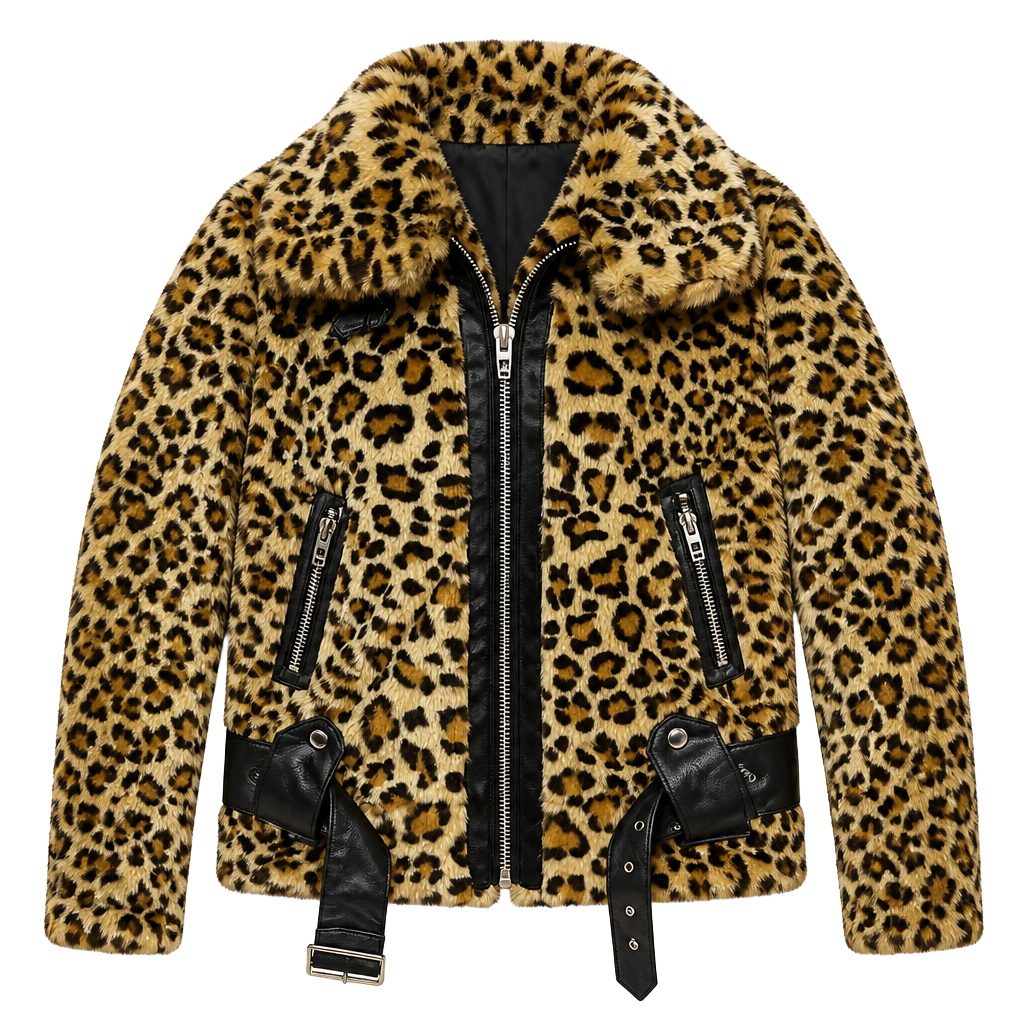 Animal Print Faux Fur Moto Leopard Jacket Belted XS Y2K Style Coat 1
