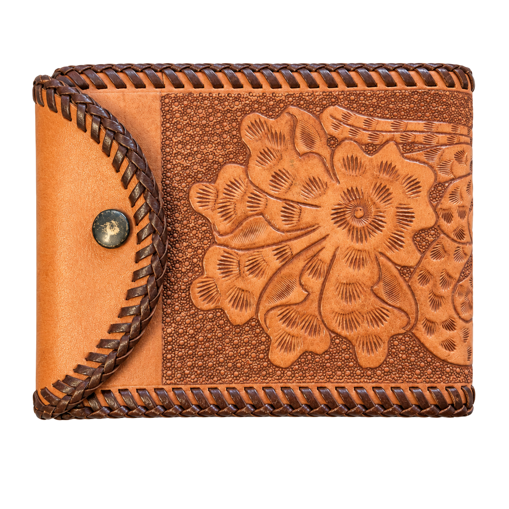 Vintage Hand Tooled Leather Wallet Floral Laced Edge 1