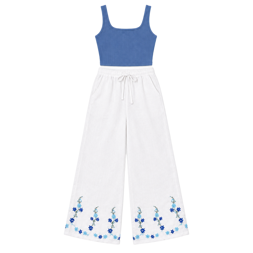 LT25 Size M AKS Amy K Su White Embroidered Wide Leg Pull On Pants 1