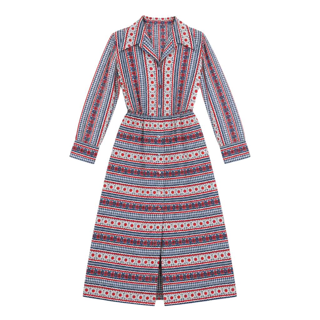 Vintage 1970s Floral and Gingham Patterned Long Sleeve Button-Down Maxi Dress M 1