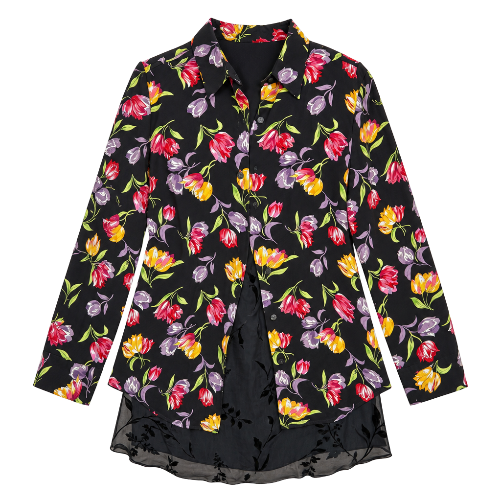 Vintage Silx Floral Tulip Print Button-Down Long Sleeve Blouse L 1