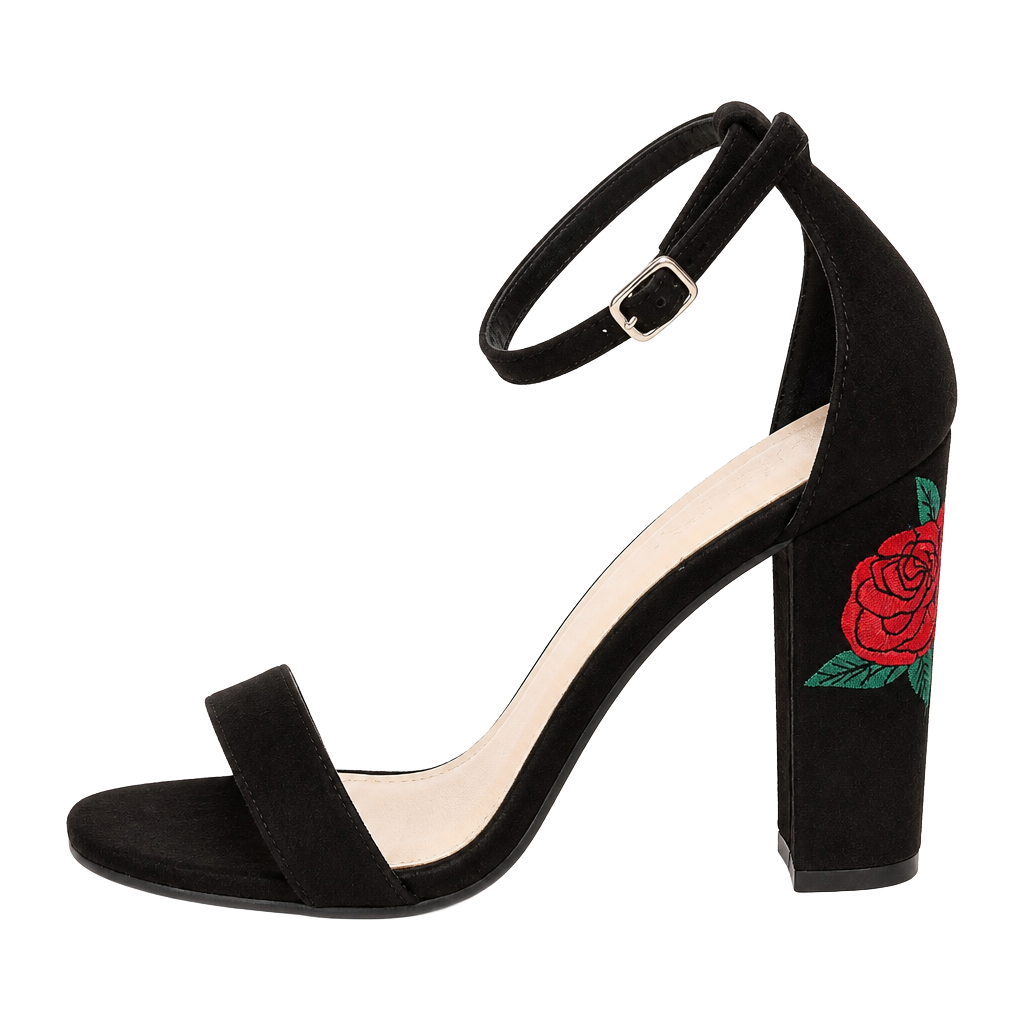 Lulus Felora Black Suede Embroidered Rose Block Heel Sandals 1