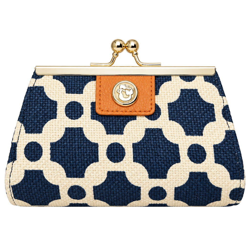 Spartina 449 Kiss Lock Coin Purse Blue White Geometric Linen Leather 1