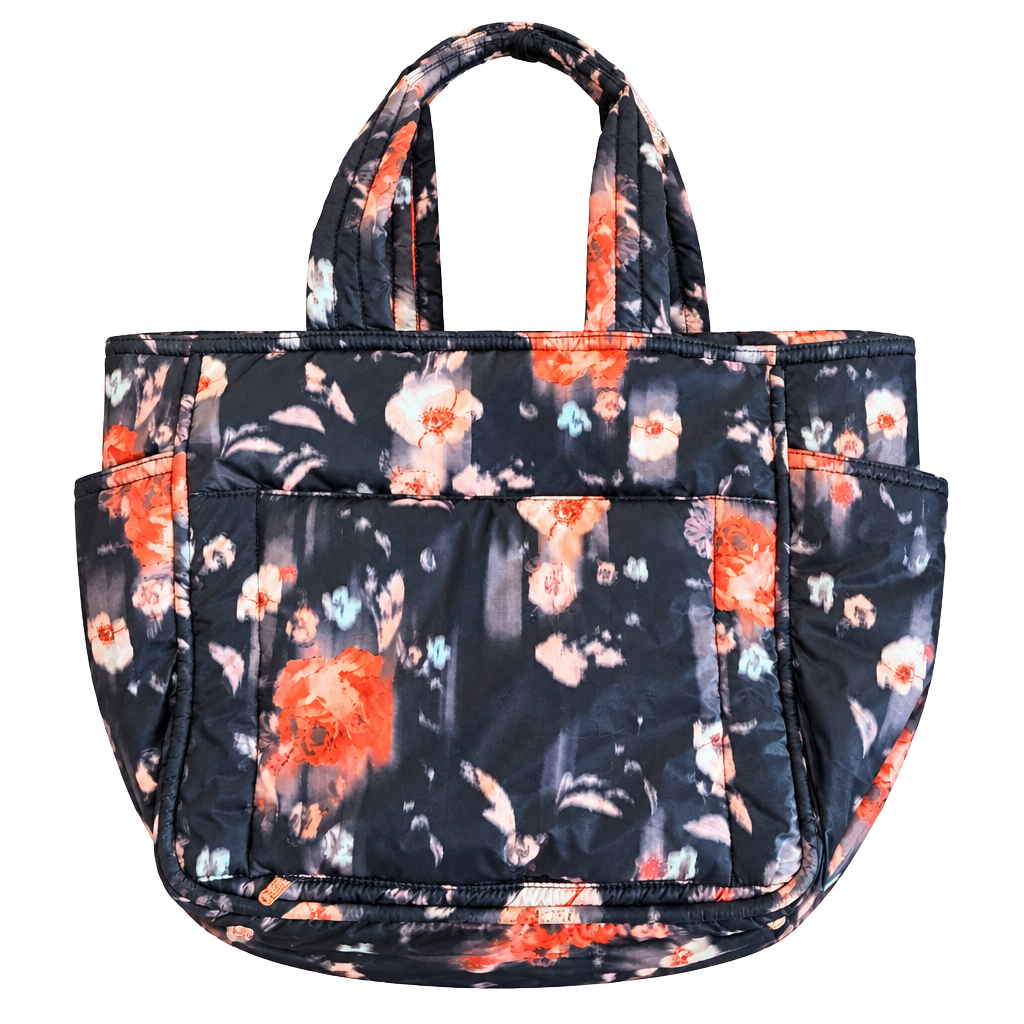LeSportsac Quilted Floral Puffer Tote Bag Black Orange 1