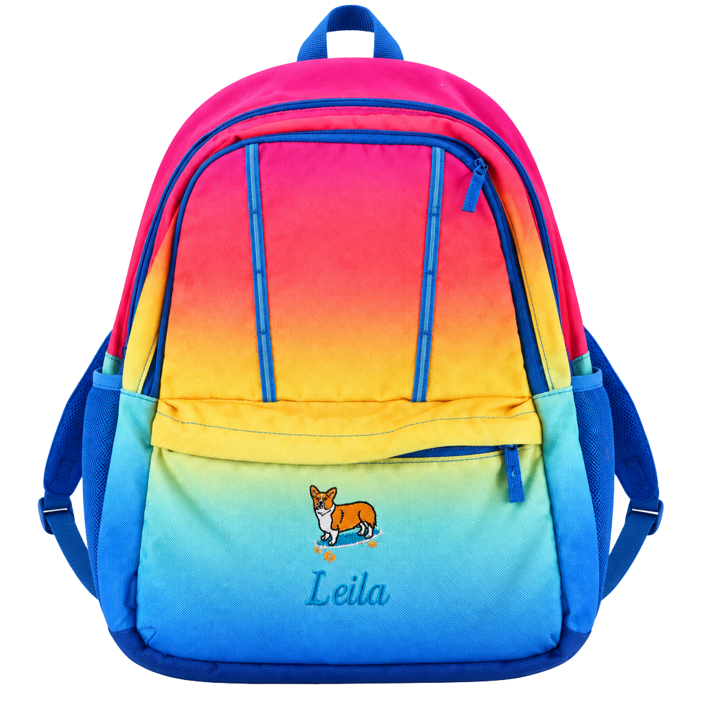 Lands' End Backpack Rainbow Ombre Corgi Embroidered Leila 1