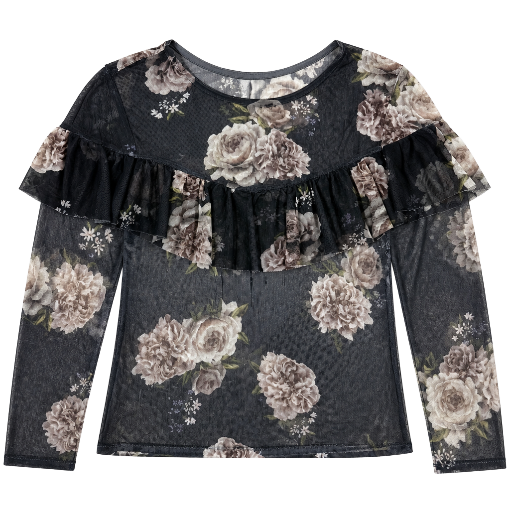 KF Sheer Long Sleeve Top Size EG Gray Floral Mesh Whimsy Goth Blouse 1