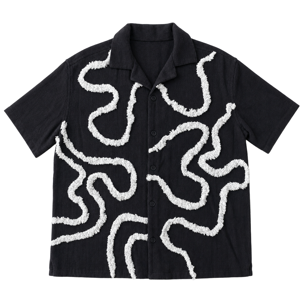Zara Black Embroidered Texture Short Sleeve Cuban Shirt 1