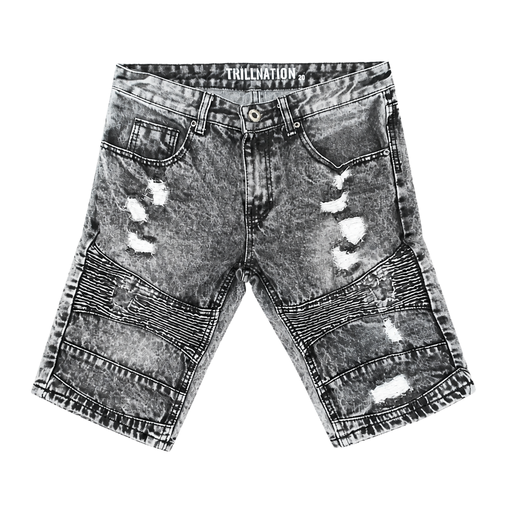 Trillnation Men's Acid Wash Grey Distressed Moto Biker Denim Shorts 1