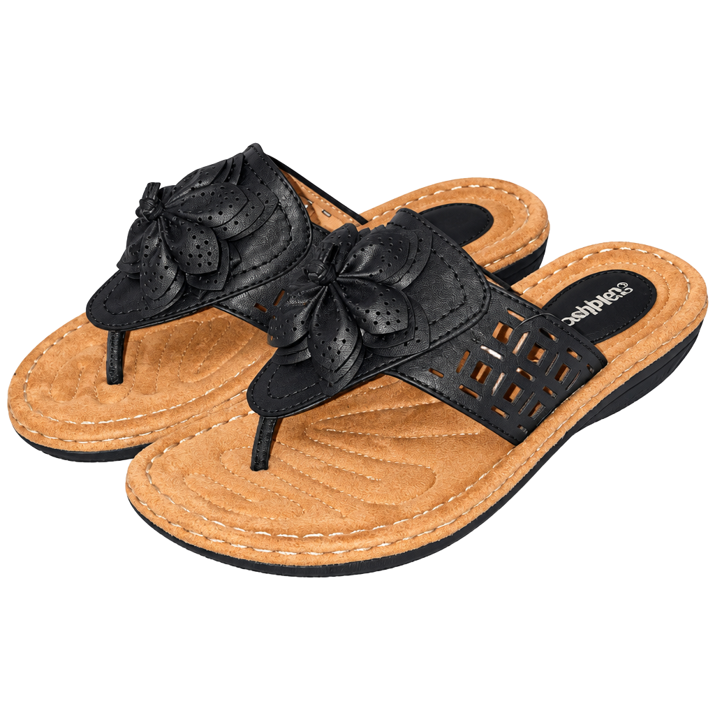Cobbie Cuddlers Sandals Size 8 1/2 Wide Black Floral Thong Wedge 1