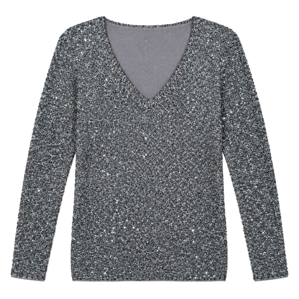 Teylalorva Women's V-Neck Blouse Sequin Solid Color Long Sleeve Casual Top Gray 1