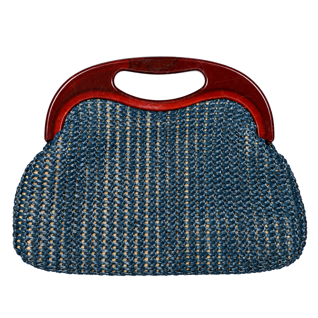 Vintage Crocheted Straw Handbag Tortoise Shell Plastic Handle Blue 1