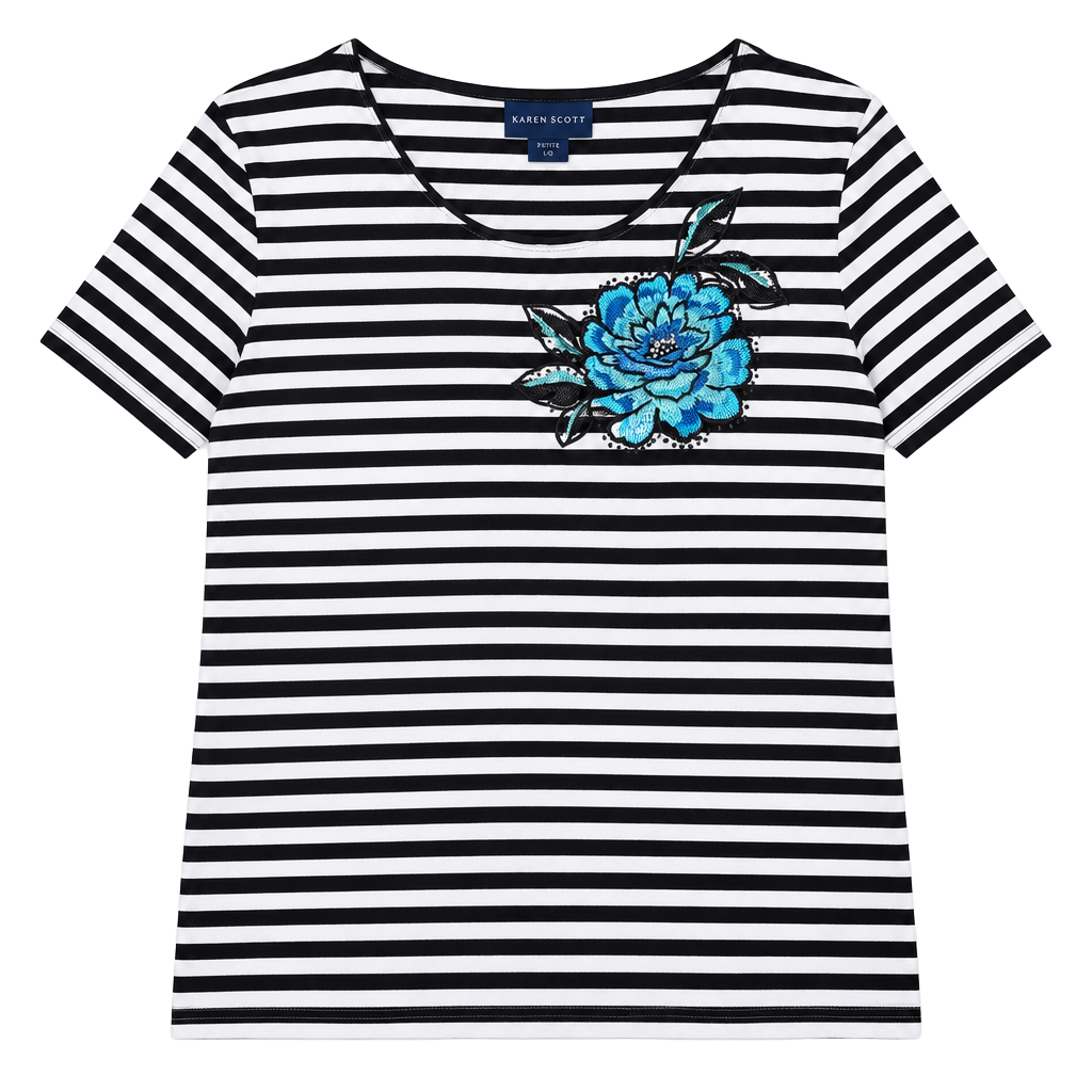 Karen Scott Striped Floral Embroidered Top 1