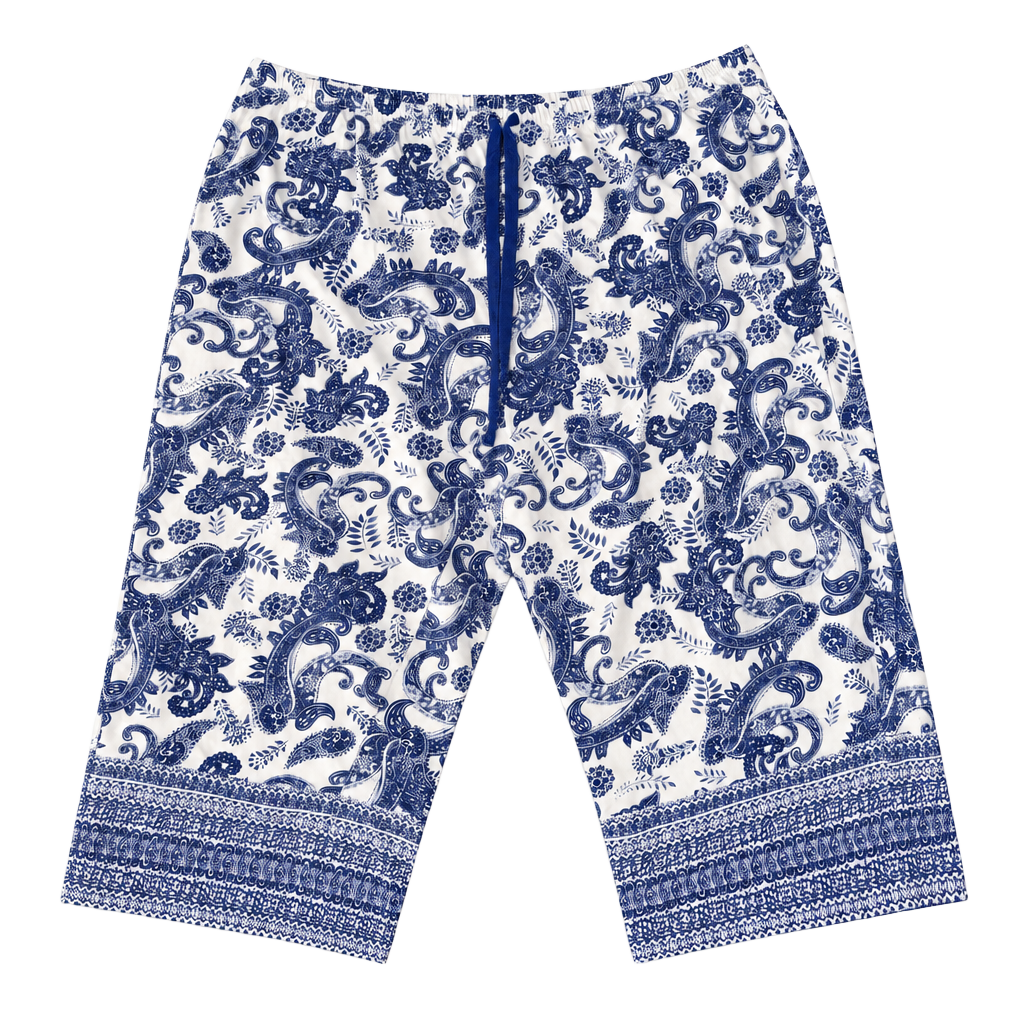 Blue & White Paisley Print Drawstring Lounge Pants 1