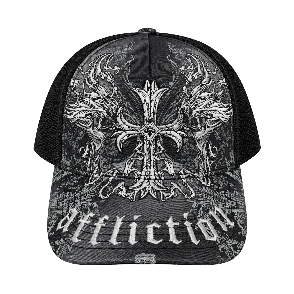 Affliction Trucker Hat Black Cross Distressed 1