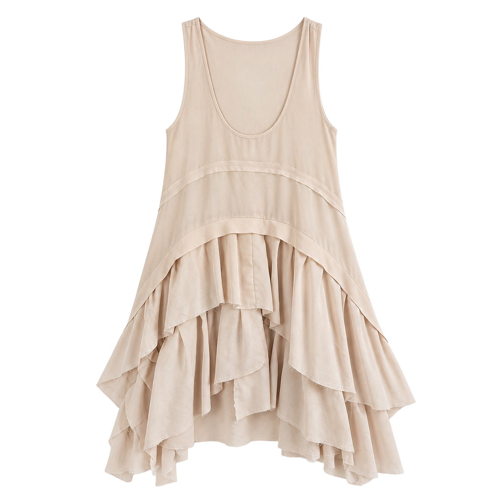 Ladies L Beige Chiffon Ruffle Tiered Asymmetrical Sleeveless Maternity Top Dress 1