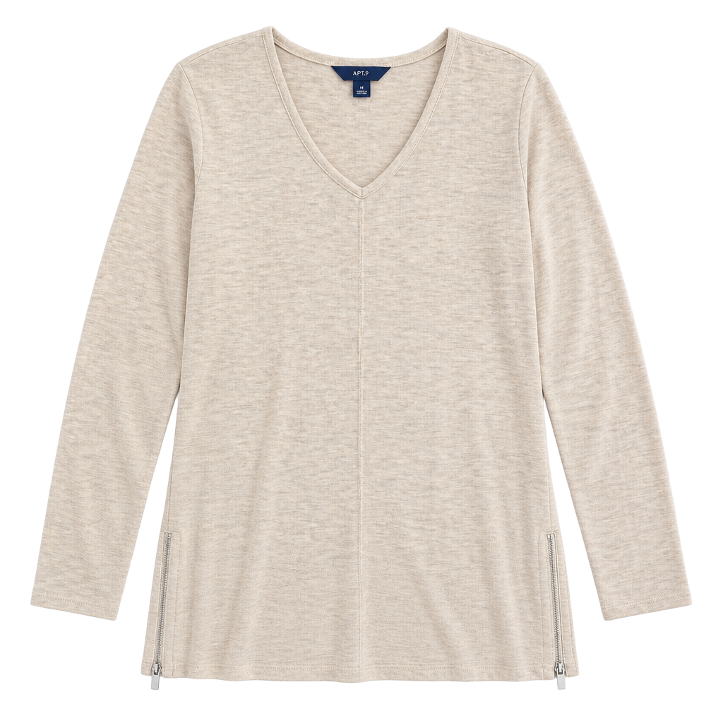 Apt. 9 Ladies Long Sleeve V-Neck Top Size M Heather Beige Zipper Sides 1